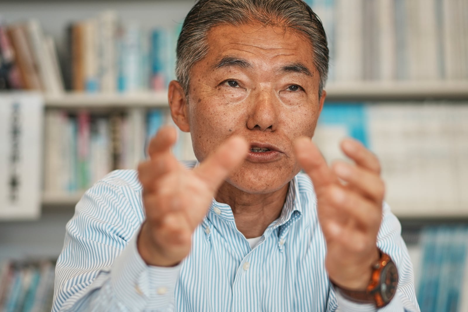 Masashi Funabara, a retired city hall employee and a "hidden" Christian speaks during an interview in the Ikitsuki Island Museum "Shima no Yakata" at Ikitsuki Island in Hirado, southern Japan, Sunday, April 27, 2025. (AP Photo/Eugene Hoshiko)
