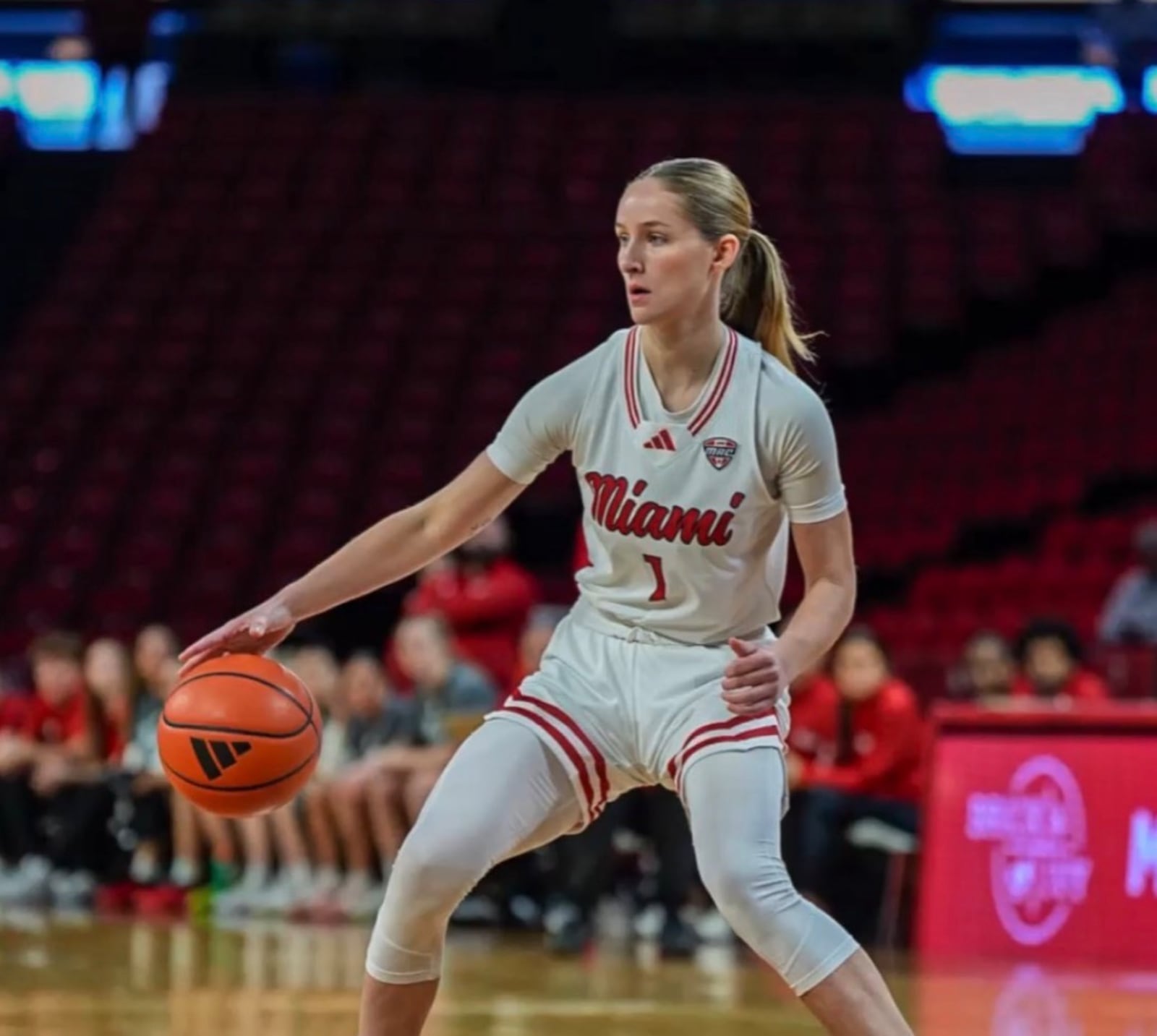 Miami's Amber Scalia dribbles the ball during her game against Georgia Southern on Saturday, Feb. 7, 2026 afternoon at Millett Hall. MIAMI ATHLETICS PHOTO