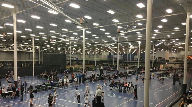When the Spooky Nook Sports at Champion Mill opens in Hamilton, it will offer a variety of sports that people around here usually can’t play during the winter, including softball and flag football. Here, the sprawling Spooky Nook complex near Manheim, Pa., hosts a volleyball tournament. MIKE RUTLEDGE/STAFF
