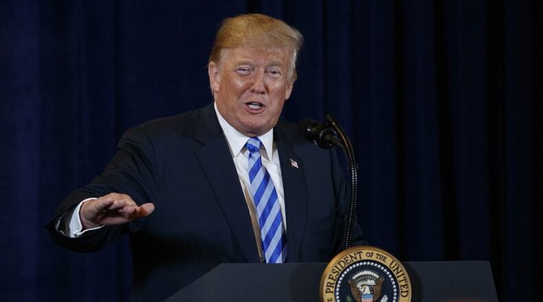 President Donald Trump speaks in Utica, N.Y., Monday, Aug. 13, 2018, at a joint fundraising committee reception in Utica, N.Y. The president makes a trip to Columbus on Friday, Aug. 24. Photo: AP Photo/Carolyn Kaster