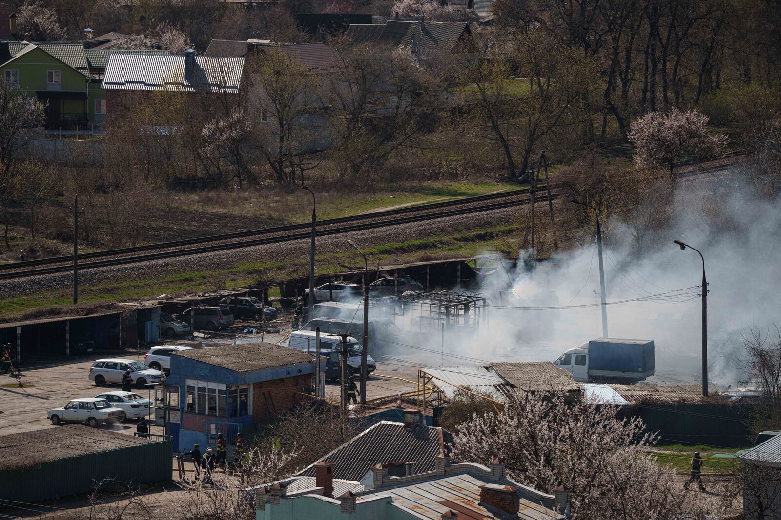 Smoke rises from an explosion following a Russian drone strike on Sumy, Ukraine, Monday, April 14, 2025. (AP Photo/Evgeniy Maloletka)