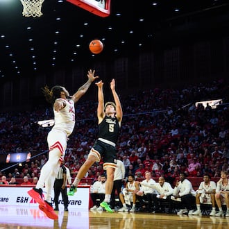 Miami University's Peter Suder shoots a jump shot during the RedHawks 85-61 victory over Northern Illinois on Saturday, Jan. 31, 2026 at Millett Hall in Oxford. JEREMY MILLER / CONTRIBUTED PHOTO