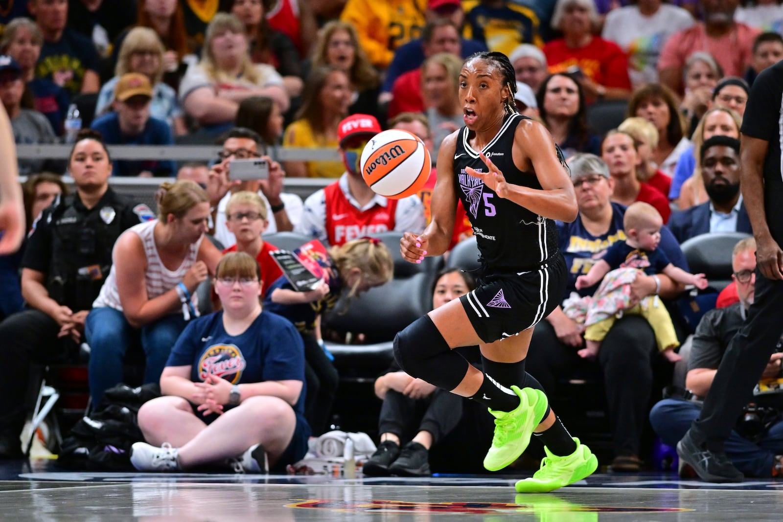 Golden State Valkyries' Kayla Thornton dribbles during the second half of a WNBA basketball game against the Indiana Fever, Wednesday, July 9, 2025, in Indianapolis. (AP Photo/Doug McSchooler)