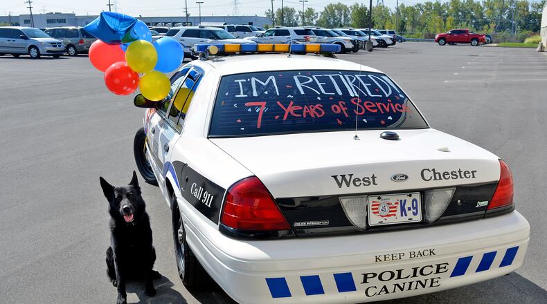 Canine Blek celebrates retirement in style at the West Chester Police Department.