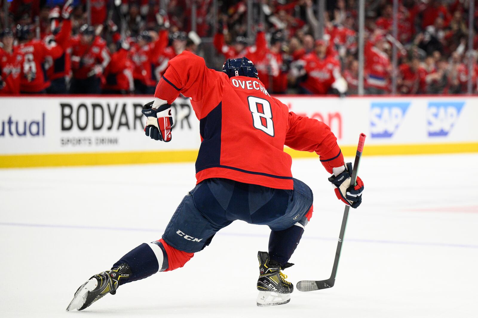 Washington Capitals left wing Alex Ovechkin (8) celebrates after his goal in the first period of Game 1 of a first-round NHL hockey playoff series against the Montreal Canadiens, Monday, April 21, 2025, in Washington. (AP Photo/Nick Wass)
