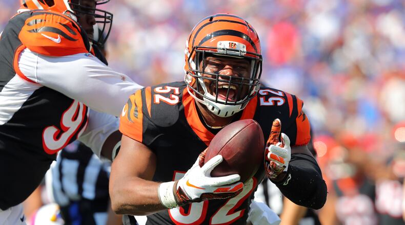 ORCHARD PARK, NY - SEPTEMBER 22: Preston Brown #52 of the Cincinnati Bengals celebrates after he recovers a fumble during the first half against the Buffalo Bills at New Era Field on September 22, 2019 in Orchard Park, New York. (Photo by Timothy Ludwig/Getty Images)