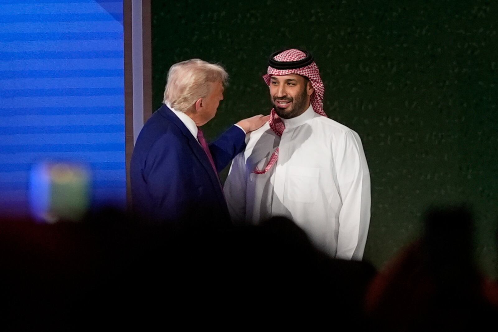 President Donald Trump shakes hands with Saudi Crown Prince Mohammed bin Salman after his speech at the King Abdulaziz International Conference Center in Riyadh, Saudi Arabia, Tuesday, May 13, 2025. (AP Photo/Alex Brandon)