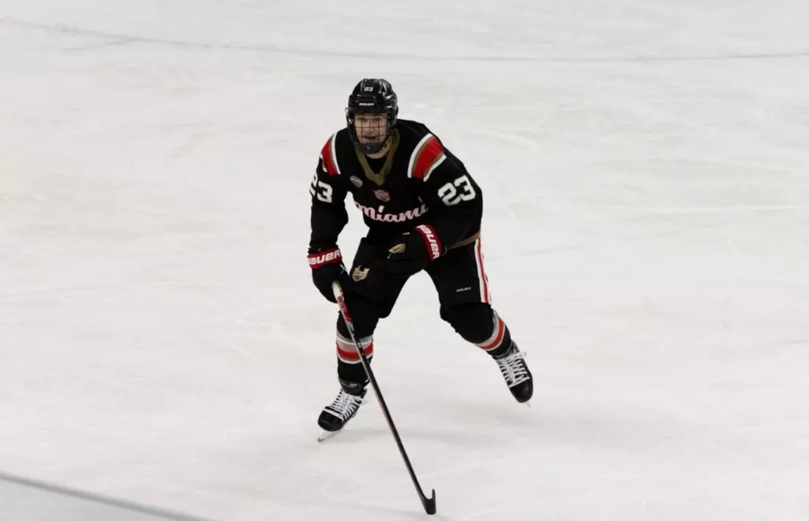 Miami’s Brayden Morrison skates up the ice during his game against Western Michigan on Saturday, Feb. 7, 2026 at Goggin Ice Center. LEXIE CUNNINGHAM / MIAMI ATHLETICS