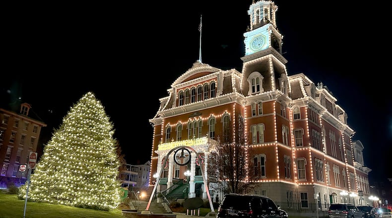 Norwich City Hall is decorated for the annual "Light Up City Hall" event in Norwich, Conn., Friday, Dec. 5, 2025. Scenes from Hallmark movie Sugar Plum Twist were filmed at City Hall. (AP Photo/Susan Haigh)
