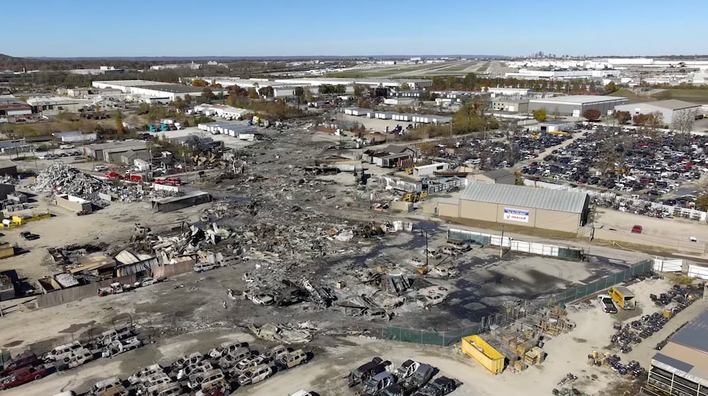 FILE - This photo provided by the National Transportation Safety Board shows UPS plane crash scene on Nov. 6, 2025 in Louisville, Ky. (NTSB via AP)
