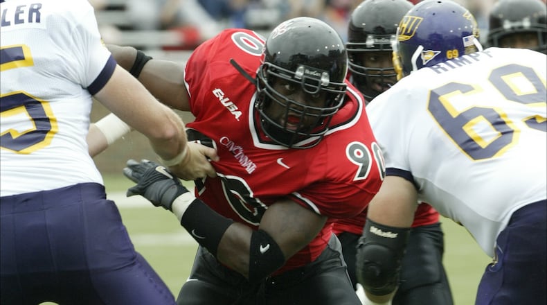 Trent Cole, University of Cincinnati defensive end from Xenia
What: lead art for zone 4 sports for Oct. 2