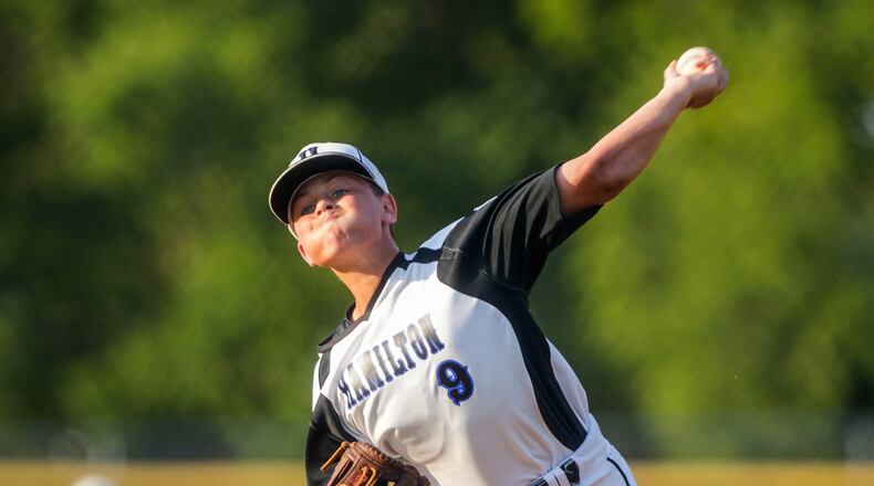 Hamilton West Side Little League’s Cam Carter throws a pitch during their Ohio District 9 Little League Championship win over Anderson Township Wednesday, July 10, 2019, at the West Side Little League complex in Hamilton. West Side Little League won 17-0. NICK GRAHAM/STAFF