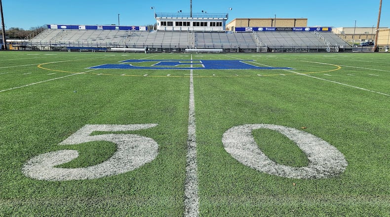 The turf and track at Edgewood's Kumler Field located next to Edgewood Middle School is now 14 years old and overdue for replacement, say school officials. NICK GRAHAM / STAFF