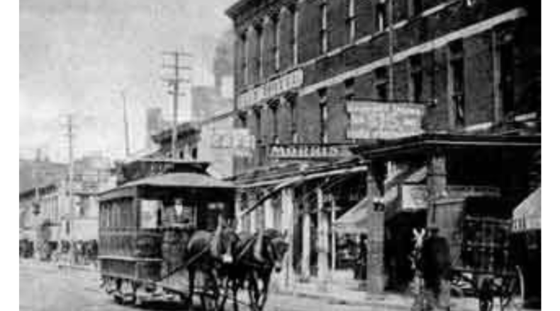 A horse-car is seen being pulled by two mules on Third Street in Middletown, circa 1900. CREDIT: ROGER L. MILLER COLLECTION/MIDPOINTE LIBRARY SYSTEM DIGITAL ARCHIVES