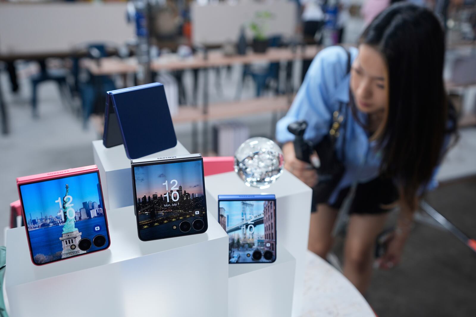 The new Galaxy Z Flip 7 is displayed during a Samsung preview event in New York, Monday, July 7, 2025. (AP Photo/Seth Wenig)