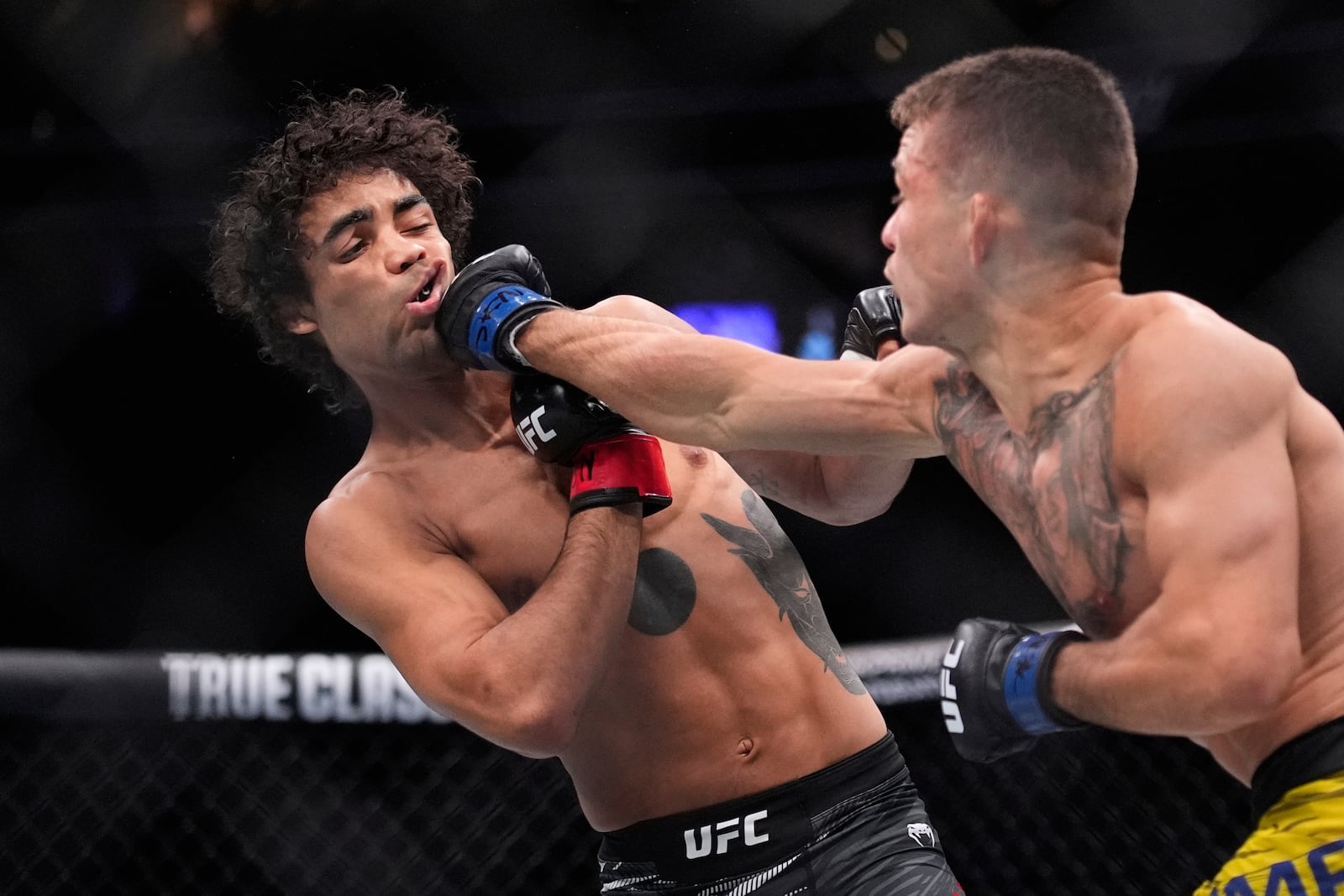 Felipe Lima hits Payton Talbott in a bantamweight fight at UFC 317, Saturday, June 28, 2025, in Las Vegas. (AP Photo/John Locher)
