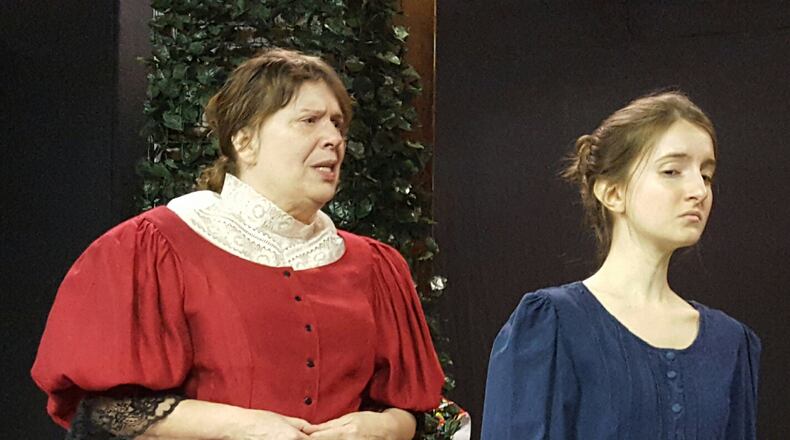 Karen Griesinger (left) as Mrs. Warren and Kenzie Hall as Vivie Warren rehearse for the Middletown Lyric Theatre’s production of “Mrs. Warren’s Profession.” CONTRIBUTED
