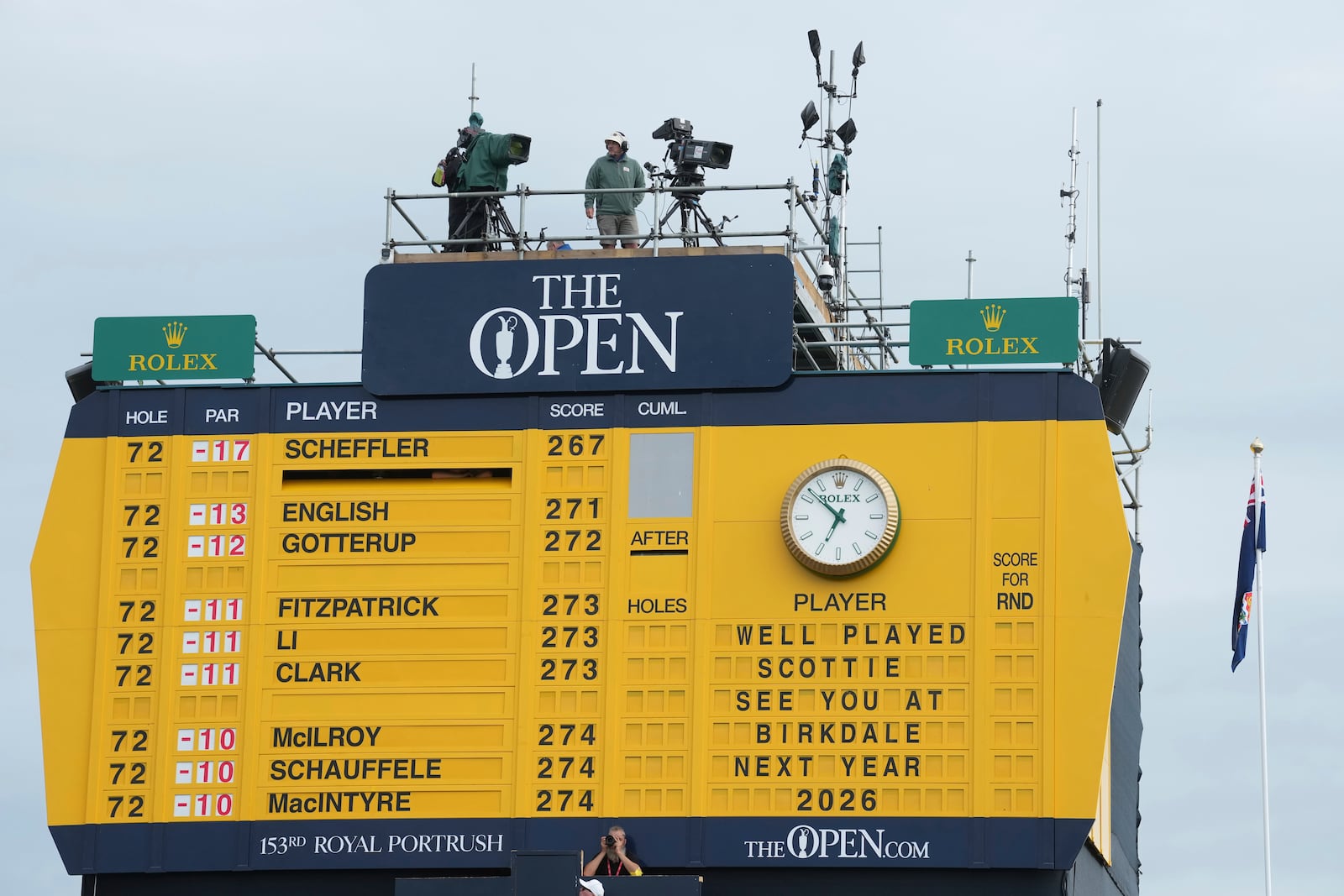 The Scoreboard shows congratulations to Scottie Scheffler of the United States after he won the British Open golf championship at the Royal Portrush Golf Club, Northern Ireland, Sunday, July 20, 2025. (AP Photo/Jon Super)