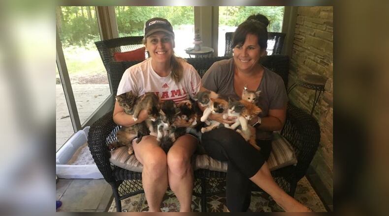 Angela DelVecchio, left, and Jessica Hallberg, right, are two of the three founding members of the Oxford Catty Shack, a nonprofit rescue which has helped 160 cats and kittens so far. ANGELA DELVECCHIO/CONTRIBUTED