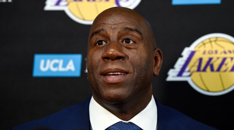 EL SEGUNDO, CA - SEPTEMBER 25: Earvin "Magic" Johnson, president of basketball operations of the Los Angeles Lakers, speaks during media day September 25, 2017, in El Segundo, California. NOTE TO USER: User expressly acknowledges and agrees that, by downloading and/or using this photograph, user is consenting to the terms and conditions of the Getty Images License Agreement. (Photo by Kevork Djansezian/Getty Images)