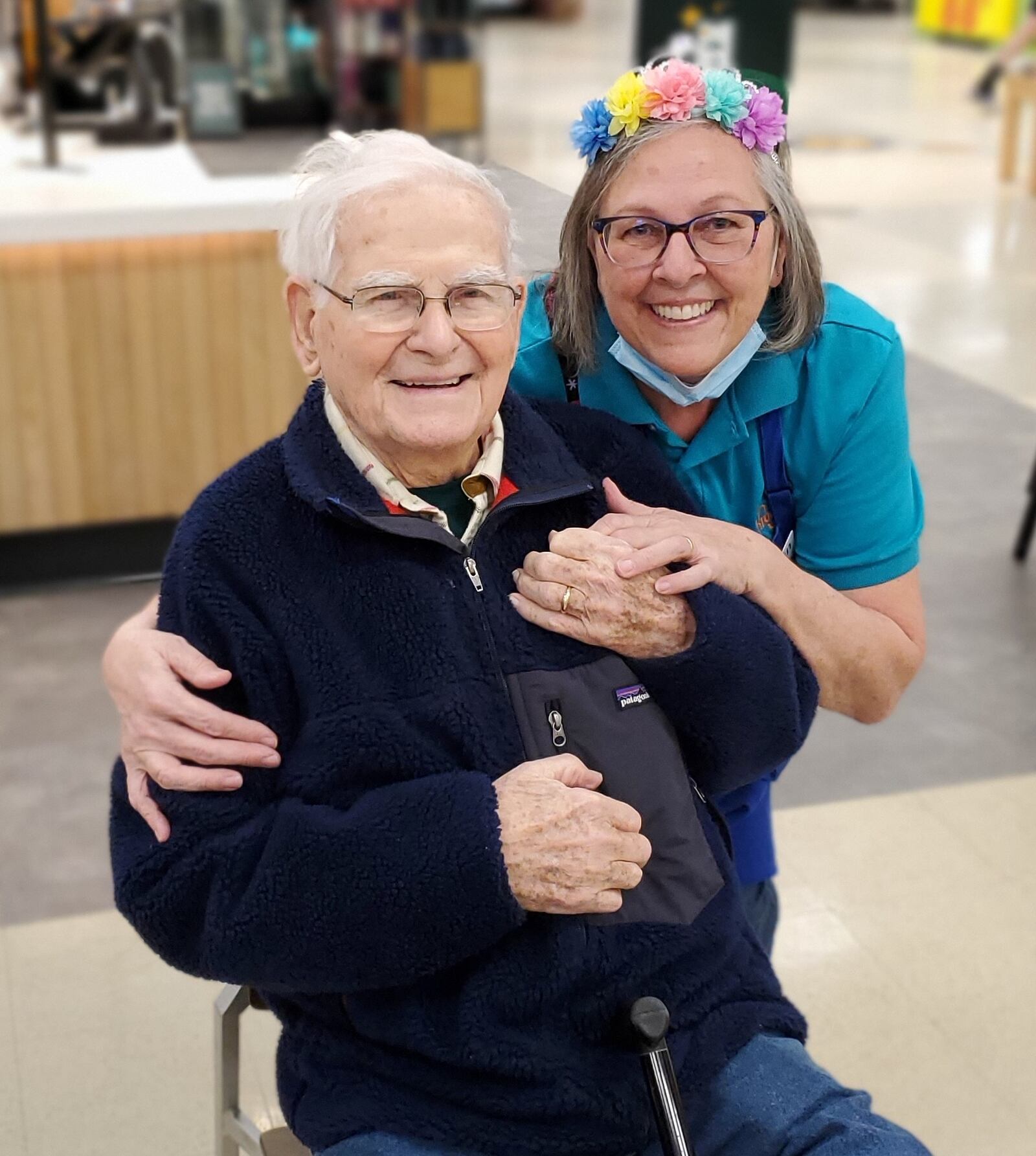 Marilyn Wuestefeld was greeted on her last day of work before retirement from the Oxford Kroger store by Harry Ogle who was brought to the store to wish her well. He joked that he had taken “early retirement” a few weeks earlier at age 92. CONTRIBUTED/BOB RATTERMAN