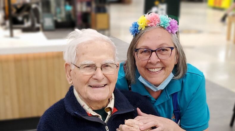 Marilyn Wuestefeld was greeted on her last day of work before retirement from the Oxford Kroger store by Harry Ogle who was brought to the store to wish her well. He joked that he had taken “early retirement” a few weeks earlier at age 92. CONTRIBUTED/BOB RATTERMAN