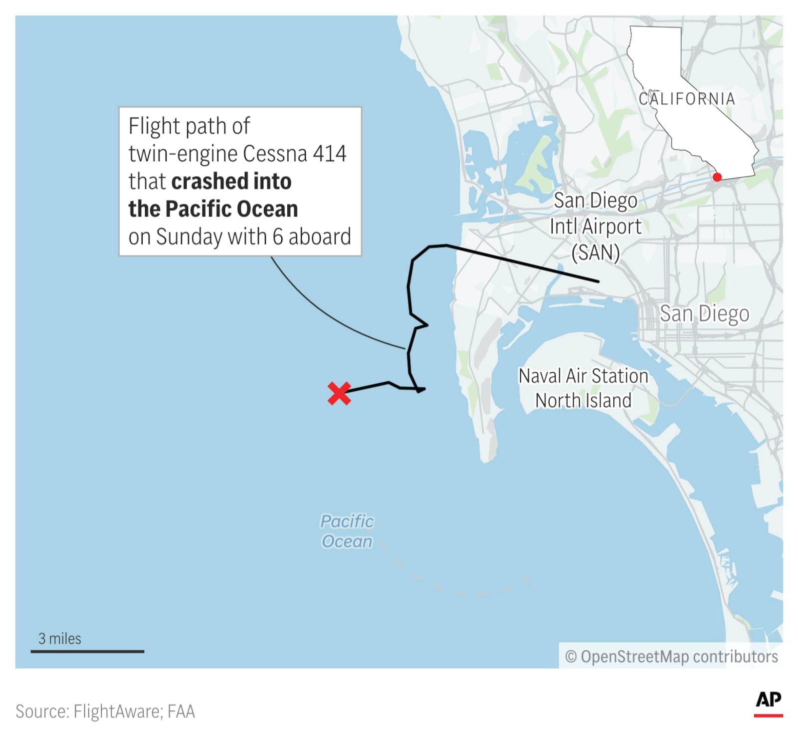 A small plane crashed into the Pacific on Sunday shortly after takeoff from a San Diego airport. (AP Graphic)