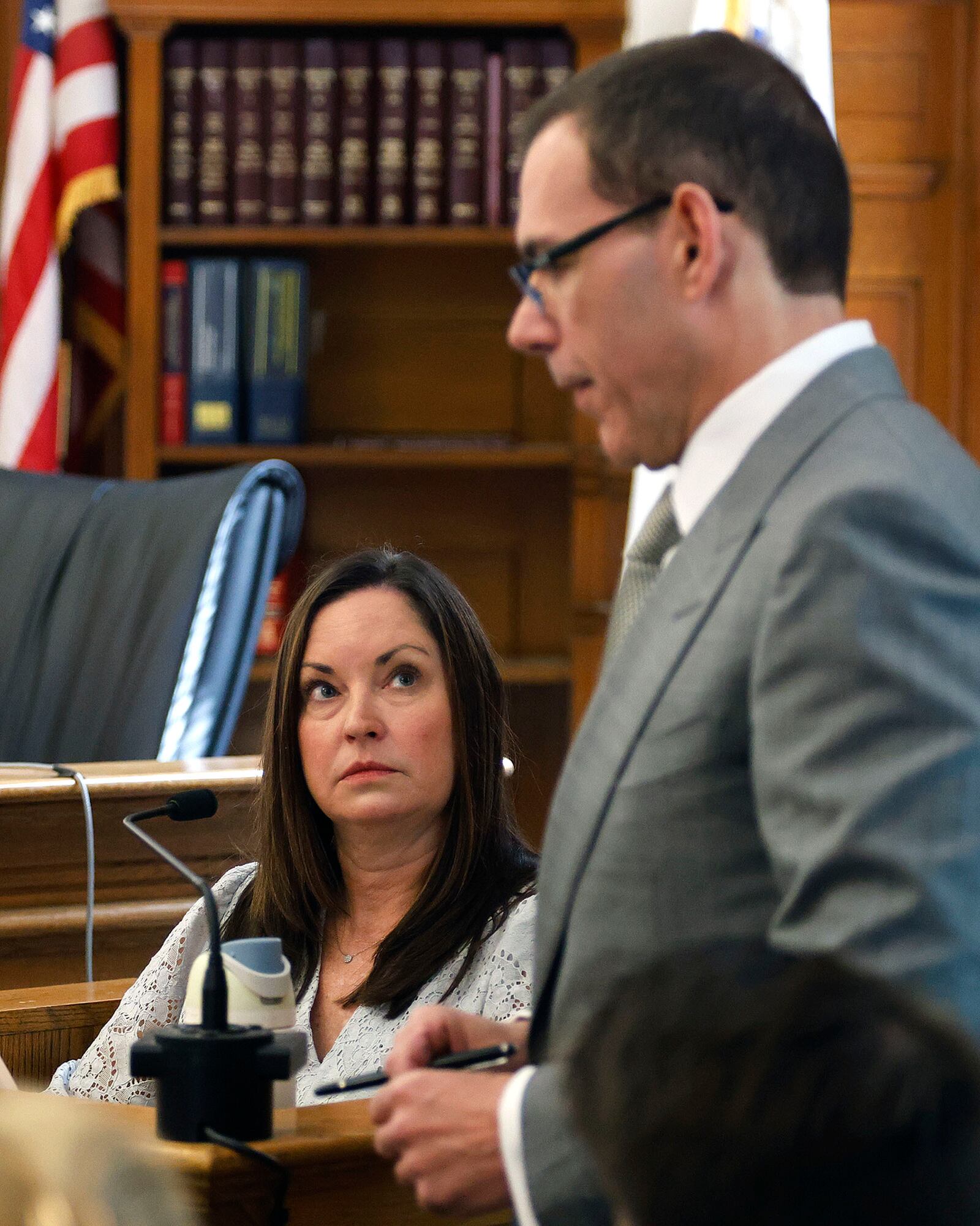 Prosecutor Hank Brennan questions witness Kerry Roberts during the Karen Read trial in Norfolk Superior Court at Dedham, Mass., on Wednesday, April 23, 2025 (Greg Derr/The Patriot Ledger via AP, Pool)