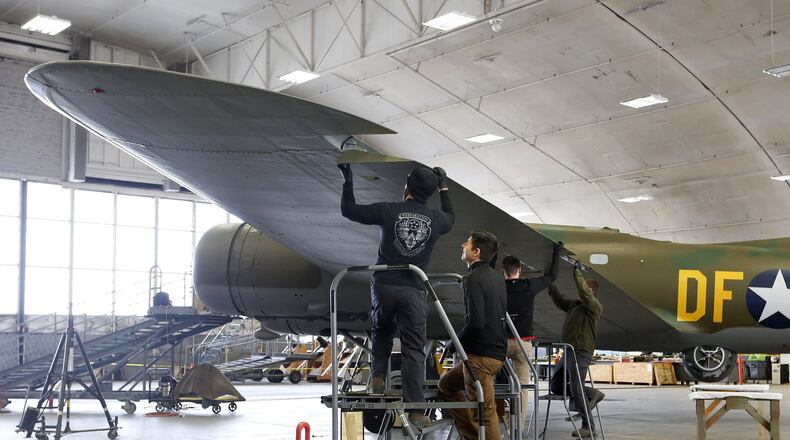 The flight controls for the B-17F Memphis Belle were installed Jan.4, 2018 by restoration specialists at the National Museum of the U.S. Air Force. The plane was the first U.S. Army Air Forces heavy bomber to return to the United States after completing 25 missions over Europe. When restoration is completed it will be placed on public display at the museum May 17, 2018. LISA POWELL / STAFF