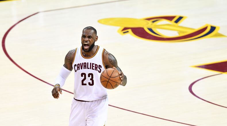 CLEVELAND, OH - MAY 21: LeBron James #23 of the Cleveland Cavaliers reacts against the Boston Celtics during Game Three of the 2017 NBA Eastern Conference Finals at Quicken Loans Arena on May 21, 2017 in Cleveland, Ohio. NOTE TO USER: User expressly acknowledges and agrees that, by downloading and or using this photograph, User is consenting to the terms and conditions of the Getty Images License Agreement. (Photo by Jason Miller/Getty Images)