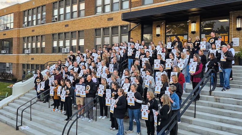 Teachers at Ross Schools announced today their union has authorized its contract negotiating team to exercise a labor stoppage option, if they choose to, during the team’s stalled labor contract talks with district officials. Teachers held a public rally in November in front of Ross Schools' central office building. (Photo By Nick Graham/Journal-News)