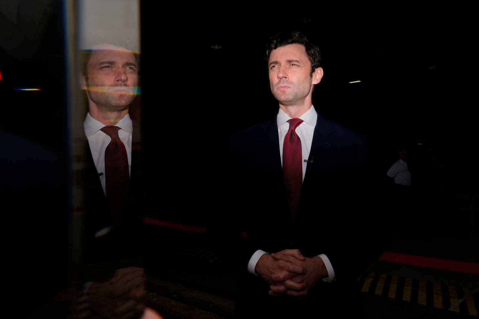 Sen. Jon Ossoff, D-Ga., speaks during an interview at Dobbins Air Reserve Base, Saturday, April 26, 2025, in Marietta, Ga. (AP Photo/Brynn Anderson)