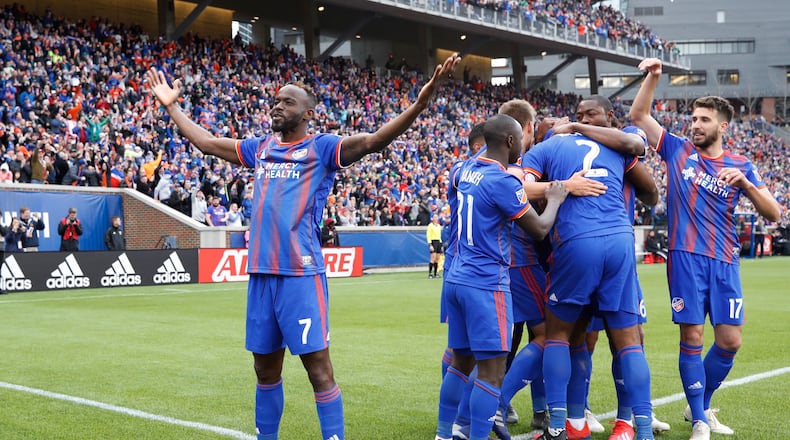 CINCINNATI, OH - MARCH 17: FC Cincinnati players celebrate after a goal against the Portland Timbers in the first half at Nippert Stadium on March 17, 2019 in Cincinnati, Ohio. (Photo by Joe Robbins/Getty Images)