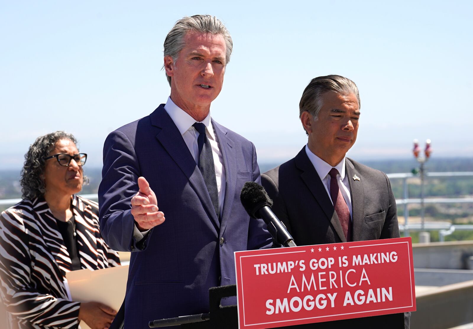 Calif. Gov. Gavin Newsom discusses the U.S. Senate vote against California Emissions rules which include the ban on the sale of new gas powered cars by 2035 during a news conference in Sacramento, Calif., Thursday, May 22, 2025. Newsom was accompanied by Liane Randolph, chair of the California Air Resources Board, left, and California Attorney General Rob Bonta.I(Photo/Rich Pedroncelli)