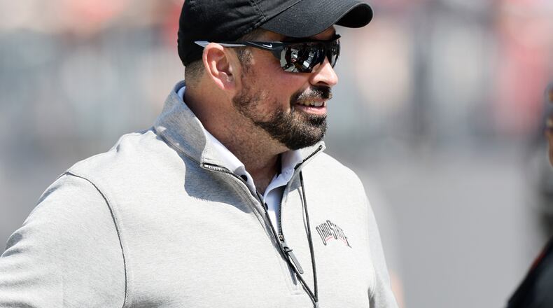 Ohio State head coach Ryan Day watches his team during their spring NCAA college football game, Saturday, April 15, 2023, in Columbus, Ohio. (AP Photo/Jay LaPrete)