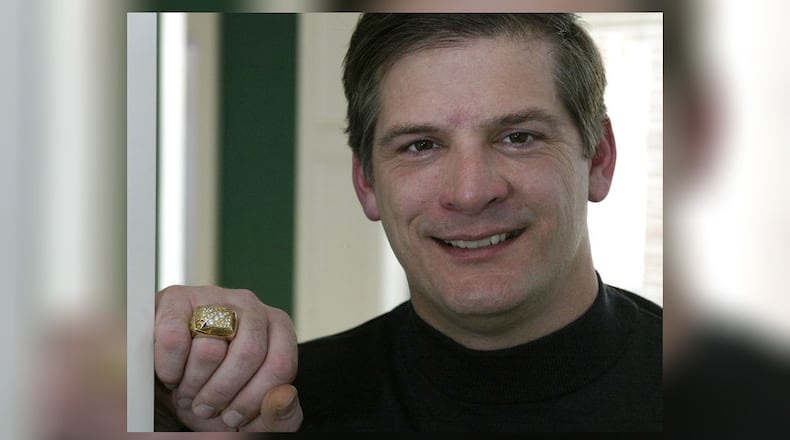Jim Lachey poses with his super bowl ring in his home Friday Jan. 28, 2005 in Marble Cliff, Ohio. (AP Photo/Jay LaPrete)