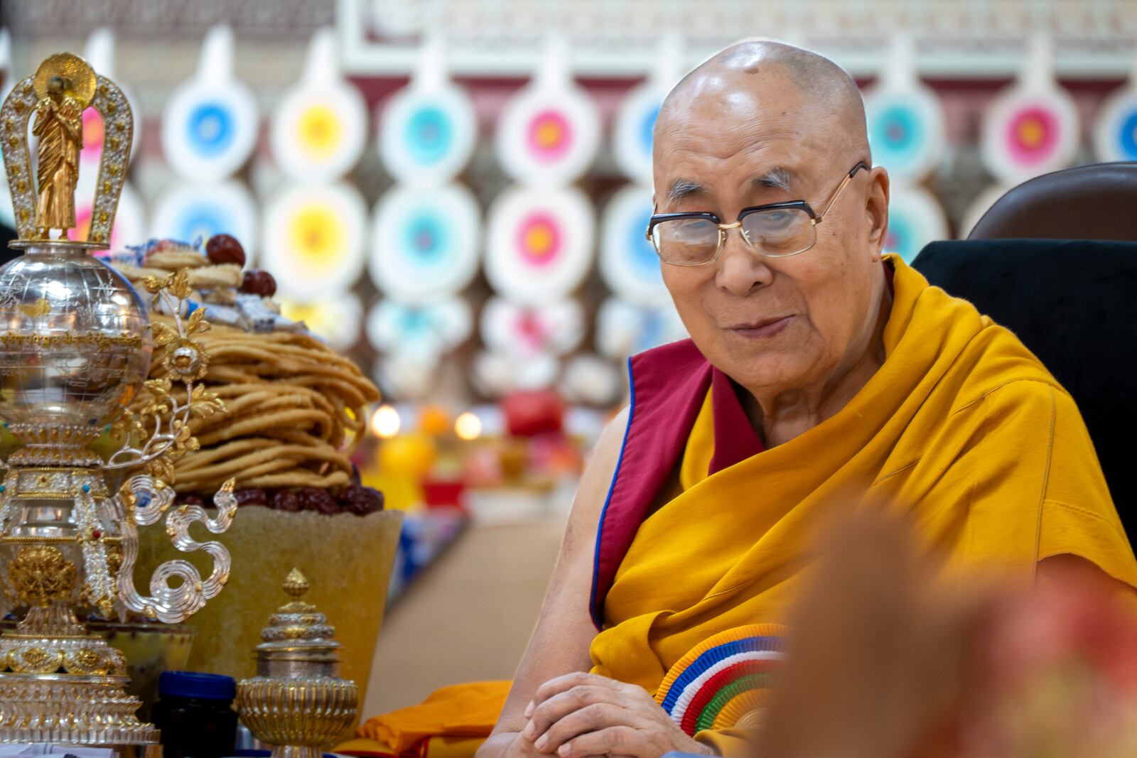 Tibetan spiritual leader the Dalai Lama attends an event celebrating his 90th birthday according to a Tibetan calendar at the Tsuglakhang temple in Dharamshala, India, Monday, June 30, 2025, ahead of his birthday according to the Gregorian calendar on July 6. (AP Photo/Ashwini Bhatia)