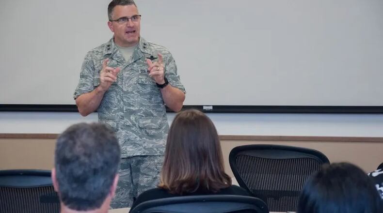 Maj. Gen. William Cooley, then the Air Force Research Laboratory commander, delivers opening remarks at the AFRL Commander’s Challenge 2017 kick off. (U.S. Air Force photo/John Harrington)