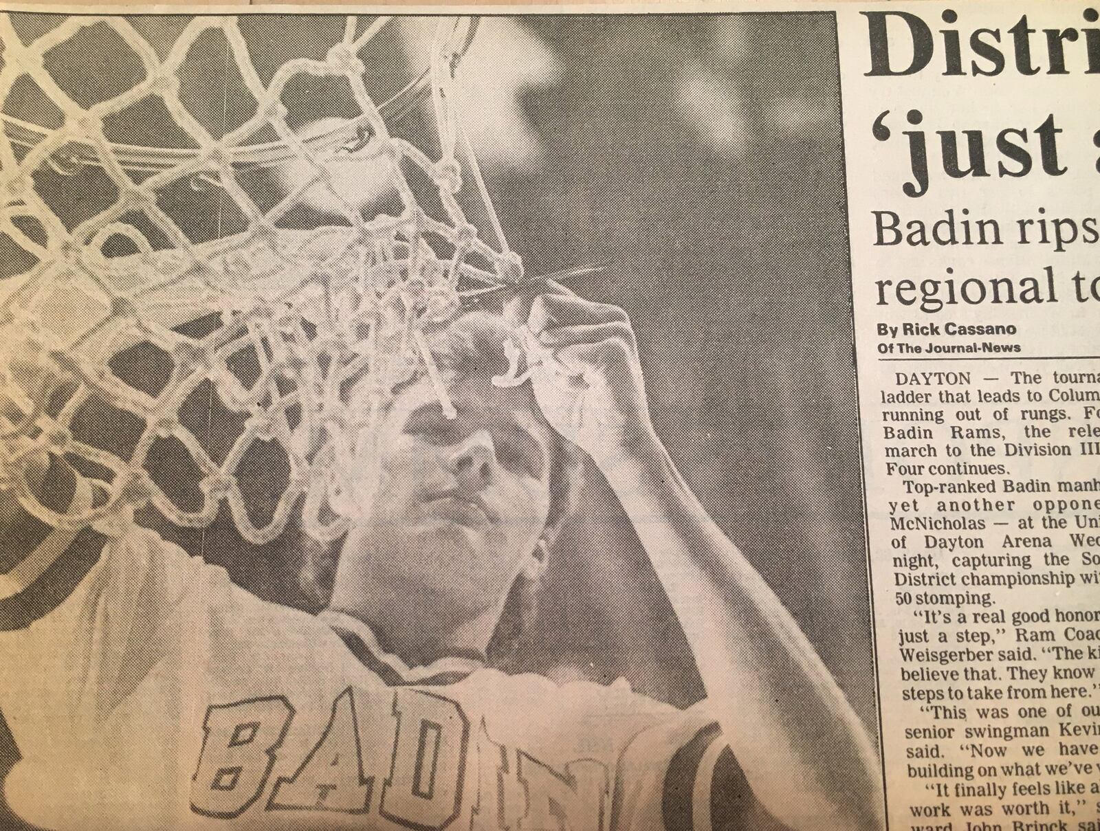 Badin’s Matt Thompson takes his turn at cutting down the net after the Rams defeated McNicholas 82-50 in a Division III district final March 9, 1988, at the University of Dayton Arena. COX MEDIA FILE PHOTO