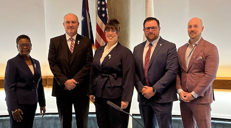 The new Middletown City Council will hold its first meeting at 5:30 p.m. Jan. 2, 2024 in Council Chambers. From left, Jennifer Burg, Paul Horn, Elizabeth Slamka, Steve West II and Zack Ferrell. RICK McCRABB/STAFF