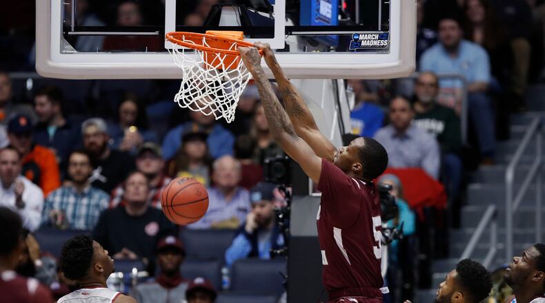 DAYTON, OH - MARCH 14: Trayvon Reed #5 of the Texas Southern Tigers dunks the ball in the second half against the North Carolina Central Eagles during the First Four of the 2018 NCAA Men’s Basketball Tournament at UD Arena on March 14, 2018 in Dayton, Ohio. (Photo by Joe Robbins/Getty Images)