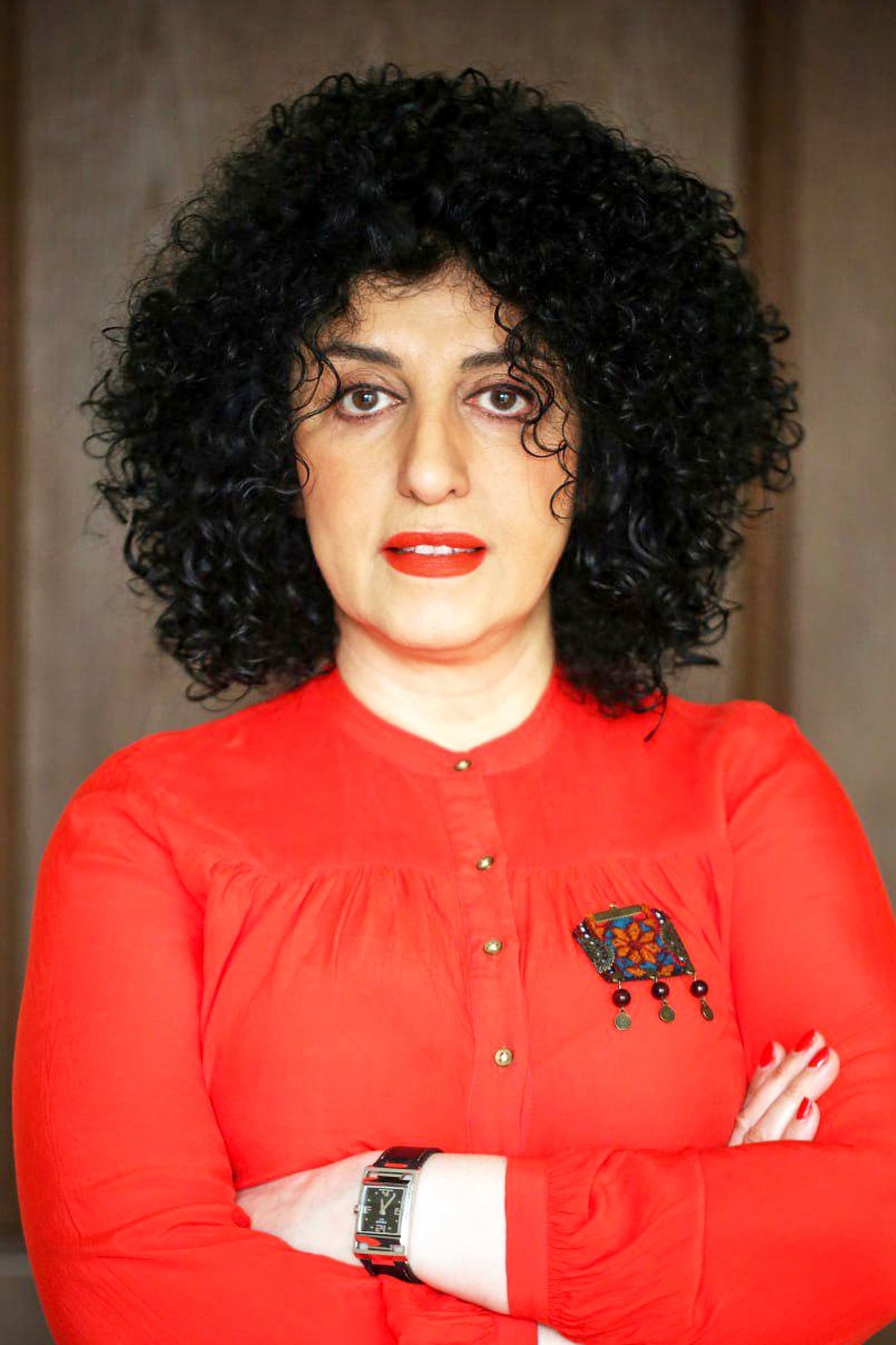 In this photo released by the Narges Foundation Archive, Narges Mohammadi poses for a portrait on March 4, 2025 in an undisclosed location. (Nooshin Jafari/Narges Foundation Archive via AP)