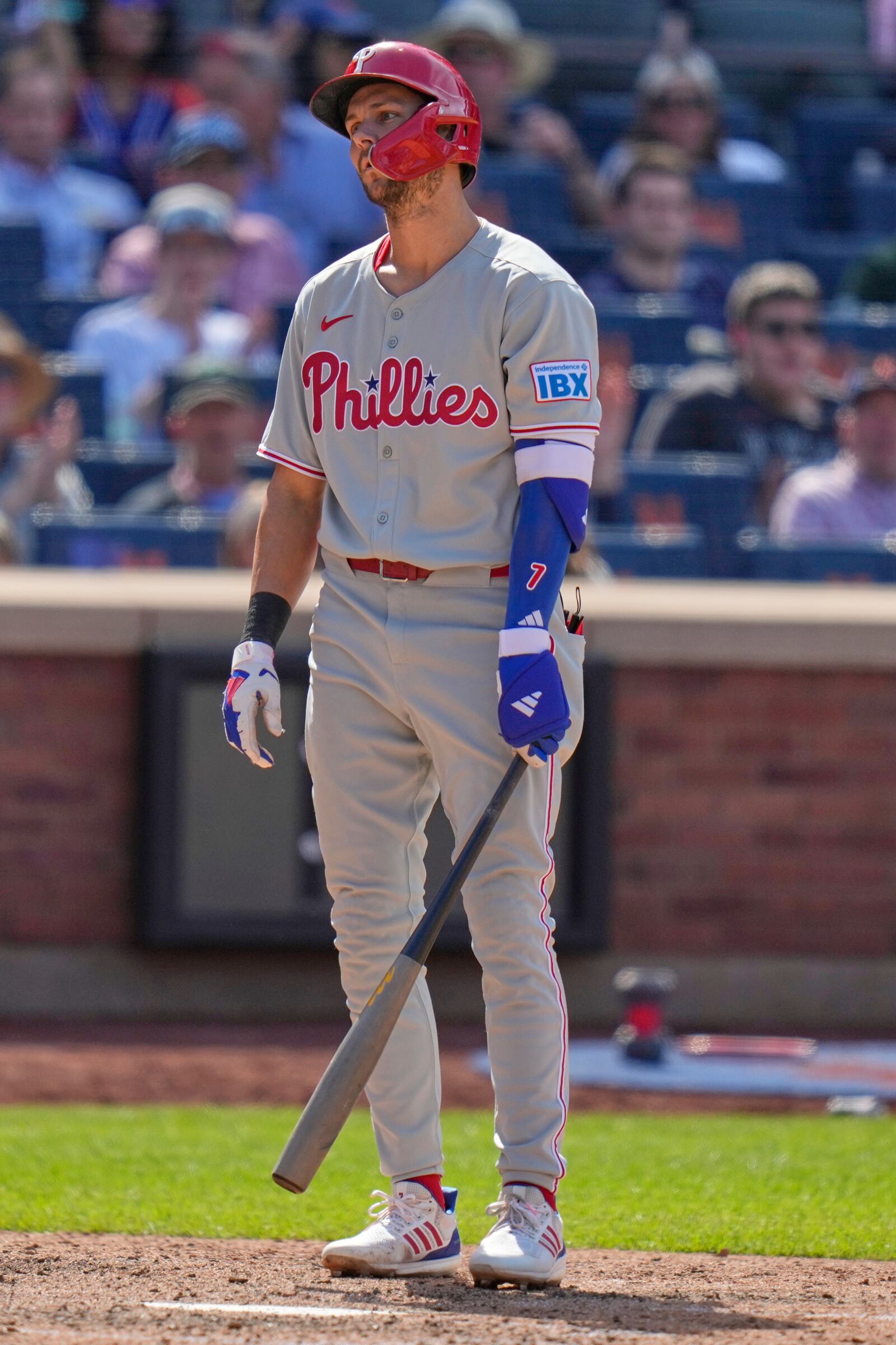 Philadelphia Phillies' Trea Turner reacts after striking out looking during the ninth inning of a baseball game against the New York Mets, Wednesday, April 23, 2025, in New York. (AP Photo/Seth Wenig)
