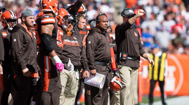 CLEVELAND, OH - OCTOBER 9: Head coach Hue Jackson of the Cleveland Browns watches from the sidelines during the first half against the New England Patriots at FirstEnergy Stadium on October 9, 2016 in Cleveland, Ohio. (Photo by Jason Miller/Getty Images)