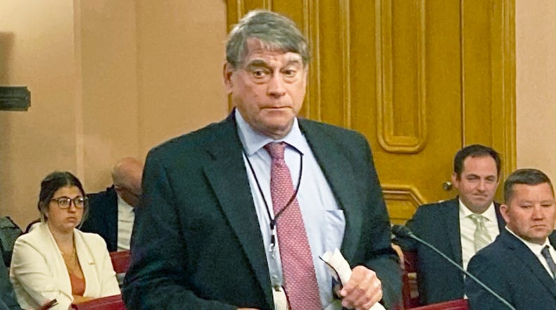 FILE—Former state Rep. Bill Seitz, a Cincinnati Republican, speaks on legislation in this Sept. 22, 2021 file photo taken at the Ohio Statehouse in Columbus, Ohio. Seitz said concerns raised on a rewrite of Ohio's election laws that includes both new restrictions on voting and some added conveniences long supported by voting rights advocates, will not be ready for 2022 elections. (AP Photo/Andrew Welsh-Huggins, File)