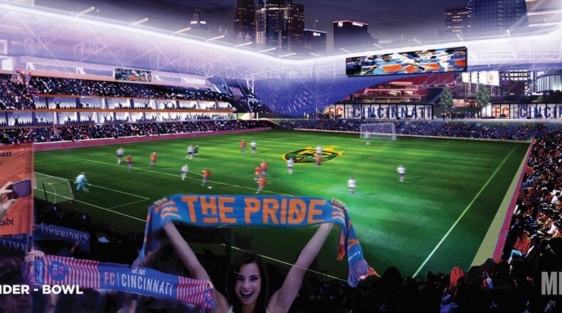 An artist rendering of the proposed FC Cincinnati stadium. CONTRIBUTED