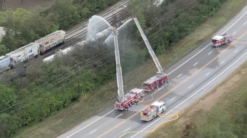 The styrene leak from a railcar in the Cleves and Whitewater Township area has stopped, but officials said an evacuation order remains in place and roads will remain closed Sept. 25. RAY PFEFFER/WCPO