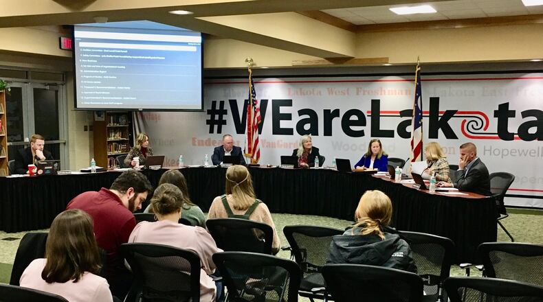 By a 3-2 vote the Lakota Board of Education Monday moved closer to putting a tax hike for school construction on the ballot for next year. The vote to approved a resolution to join into a partnership with the Ohio Facilities Construction Commission (OFCC) funding program means the commission will now begin to help Lakota develop a master facilities program to determine what type of new school construction, expansion and renovations are needed in the 16,500-student district. (Photo By Michael D. Clark/Journal-News)