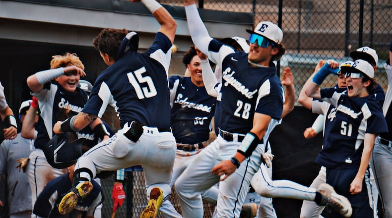 Edgewood senior Zack Boyle (15) celebrates with his teammates after hitting a two-run homer against Franklin on Wednesday. CHRIS VOGT / CONTRIBUTED