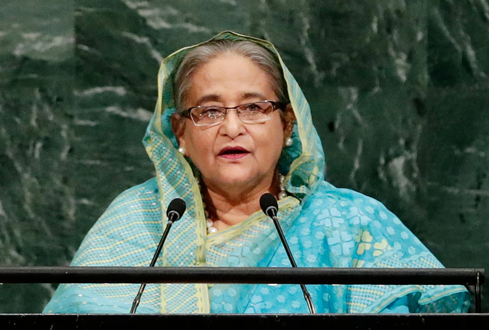 FILE - Bangladesh Prime Minister Sheikh Hasina addresses the United Nations General Assembly at the U.N. headquarters, in New York, Sept. 21, 2017. (AP Photo/Frank Franklin II, File)